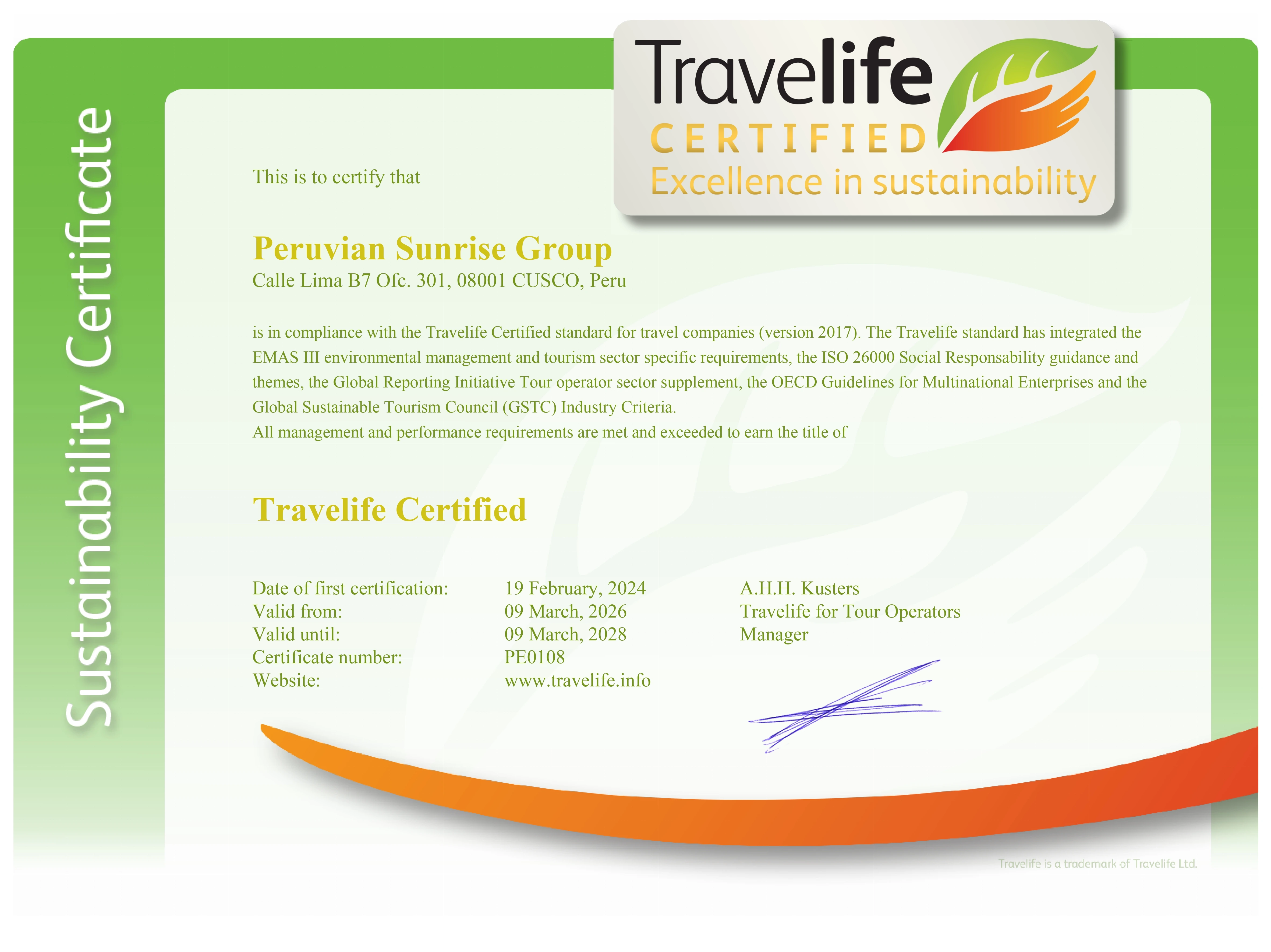 Travelife Certification | Peruvian Sunrise