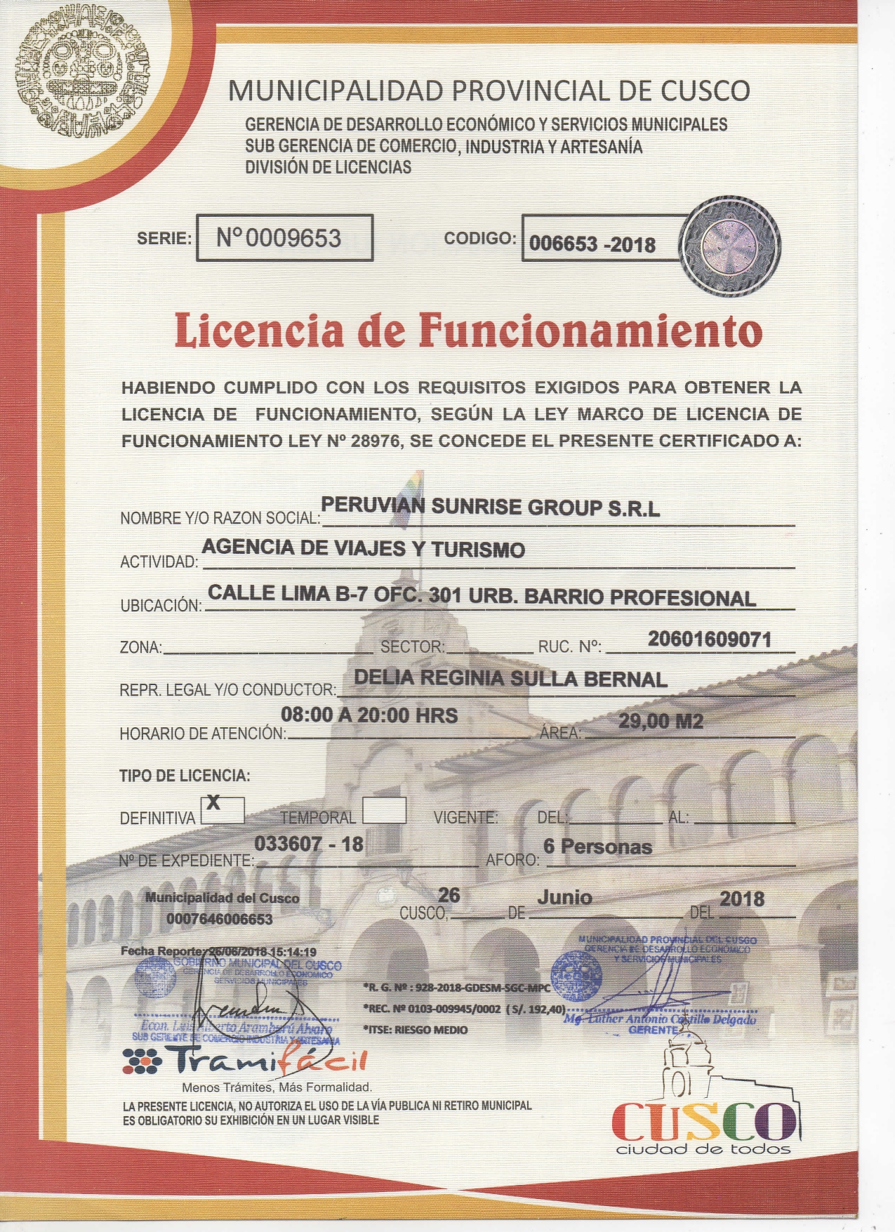 Licencia de Funcionamiento Peru Travel Agency | Peruvian Sunrise