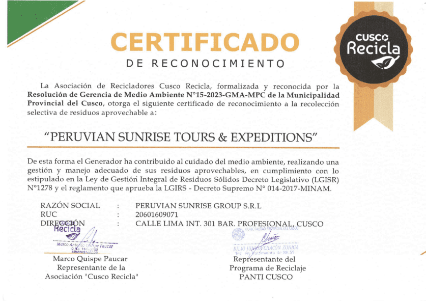 Cusco Recila Certification | Peruvian Sunrise