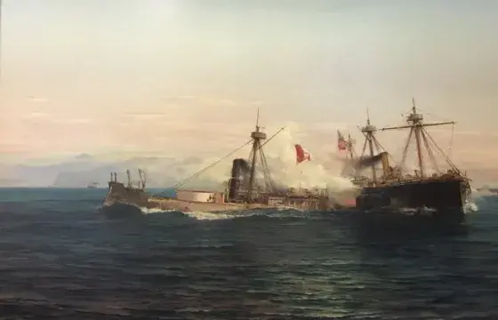 Artistic depiction of the Battle of Angamos, a pivotal naval battle during the War of the Pacific in 1879. | Peruvian Sunrise Artistic depiction of the Battle of Angamos, a pivotal naval battle during the War of the Pacific in 1879. | Peruvian Sunrise